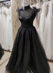 Black Tulle Floor Length Long Party Dress Outfits For Women with Slit, Black Evening Dresses