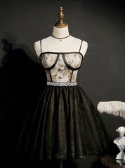 Black Tulle Lace Spaghetti Straps Crystal Homecoming Dress