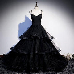 Black Tulle Layers Straps Beaded Long Evening Dress Outfits For Girls, Black Formal Dress Outfits For Women Prom Dress