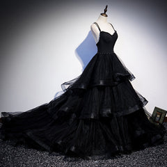 Black Tulle Layers Straps Beaded Long Evening Dress Outfits For Girls, Black Formal Dress Outfits For Women Prom Dress