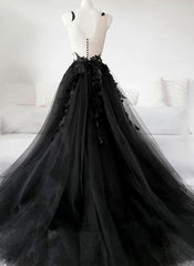 Black Tulle Party Dress Outfits For Women with Lace Long Prom Dress Outfits For Girls, Pretty Black Evening Dress