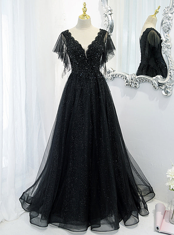 Black Tulle Sequins V-neck Beading Prom Dress