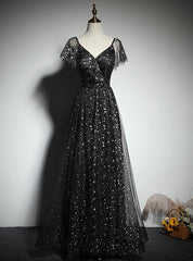 Black Tulle Sequins V-neck Prom Dress