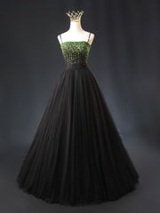 Black Tulle Spaghetti Straps Green Beading Prom Dress