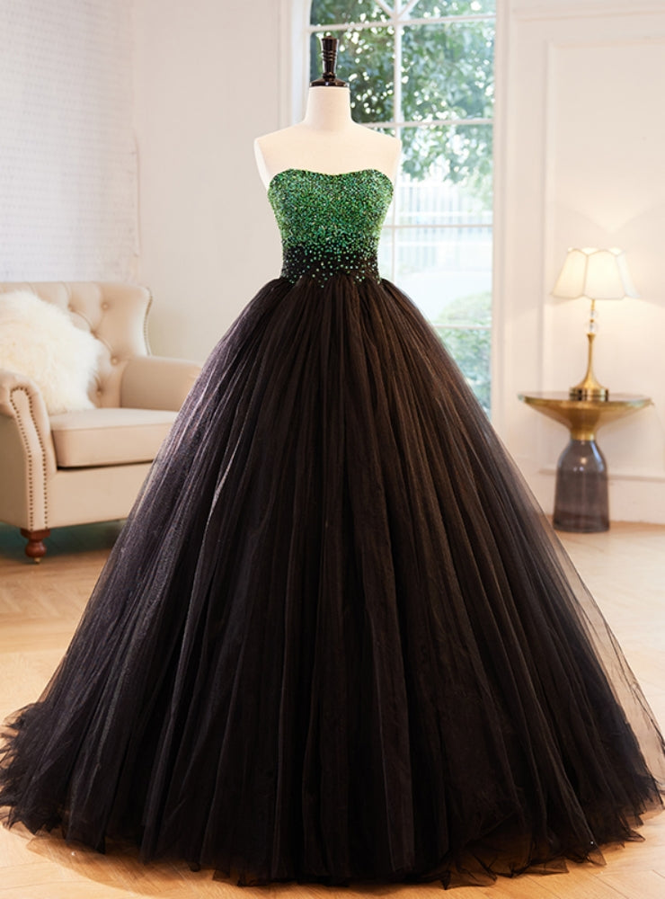 Black Tulle Strapless Green Beading Prom Dress