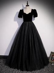 Black Tulle Velvet Short Sleeve Prom Dress