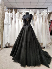 Black Tulle with Lace Straps Long Formal Dress Outfits For Girls, Black Long Evening Dress Outfits For Women Prom Dress