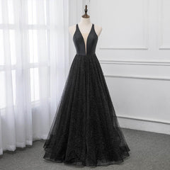 Black V-neckline Tulle and Satin Long Straps Cross Back Prom Dress Outfits For Girls, Floor Length Evening Dress