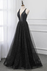 Black V-neckline Tulle and Satin Long Straps Cross Back Prom Dress Outfits For Girls, Floor Length Evening Dress