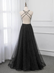 Black V-neckline Tulle and Satin Long Straps Cross Back Prom Dress Outfits For Girls, Floor Length Evening Dress