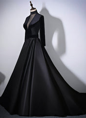 Black Velvet and Satin Long Sleeves See Through Back Formal Dress Outfits For Girls, Black Evening Dress