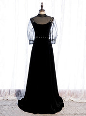 Black Velvet High Short Sleeve Backless Beading Prom Dress