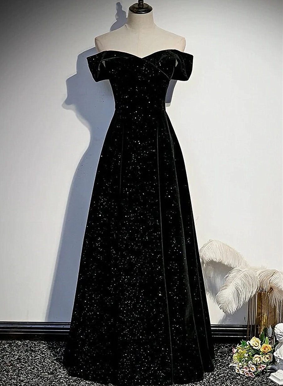 Black Velvet Off Shoulder Long Party Dress Outfits For Girls, Black Simple Prom Dress