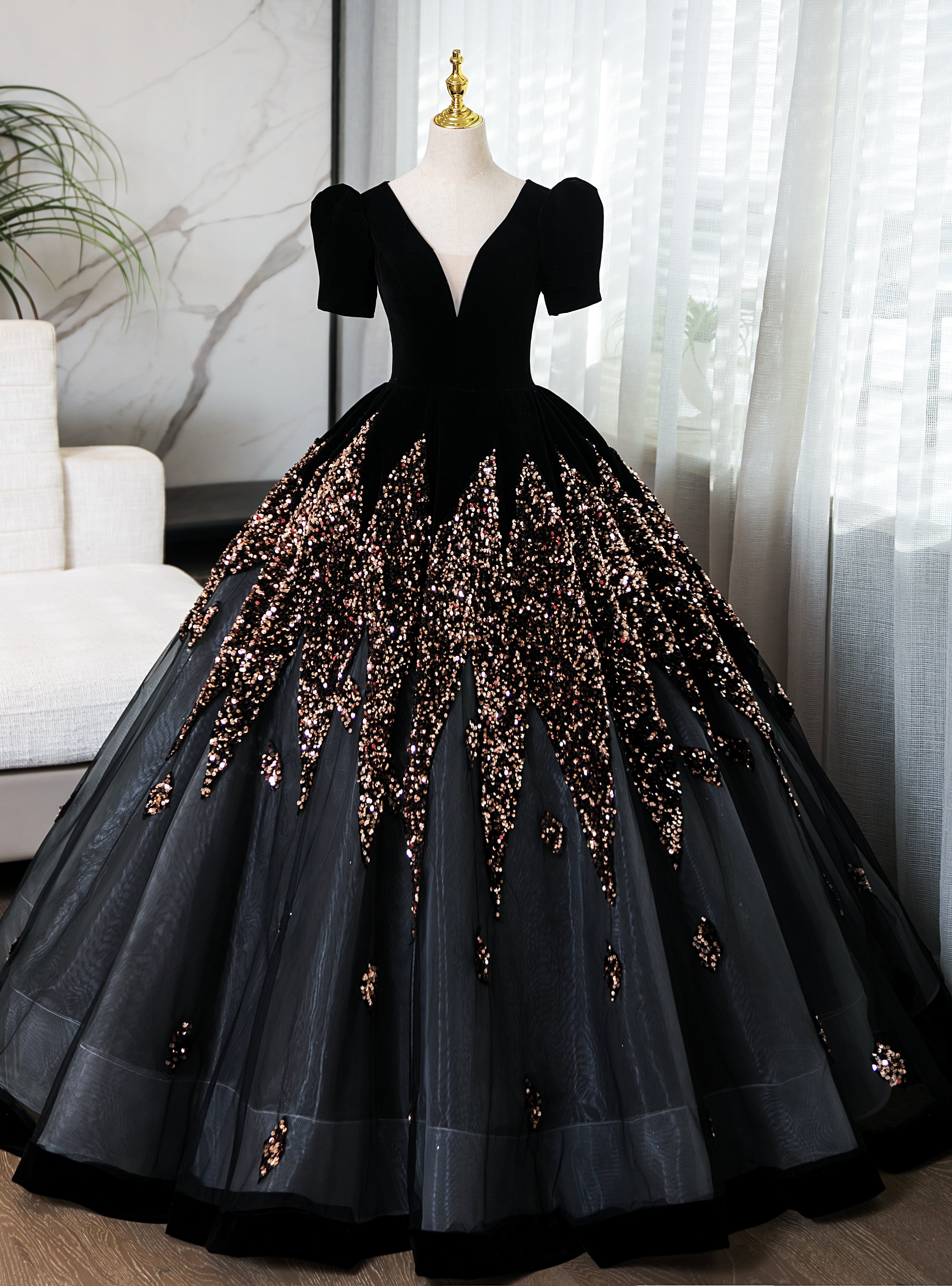 Black Velvet Sequins Short Sleeve Quinceanera Dress