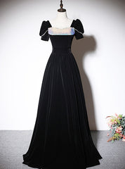 Black Velvet Short Sleeve Sequins Prom Dress