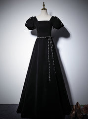 Black Velvet Short Sleeve Square Neck Pearls Prom Dress