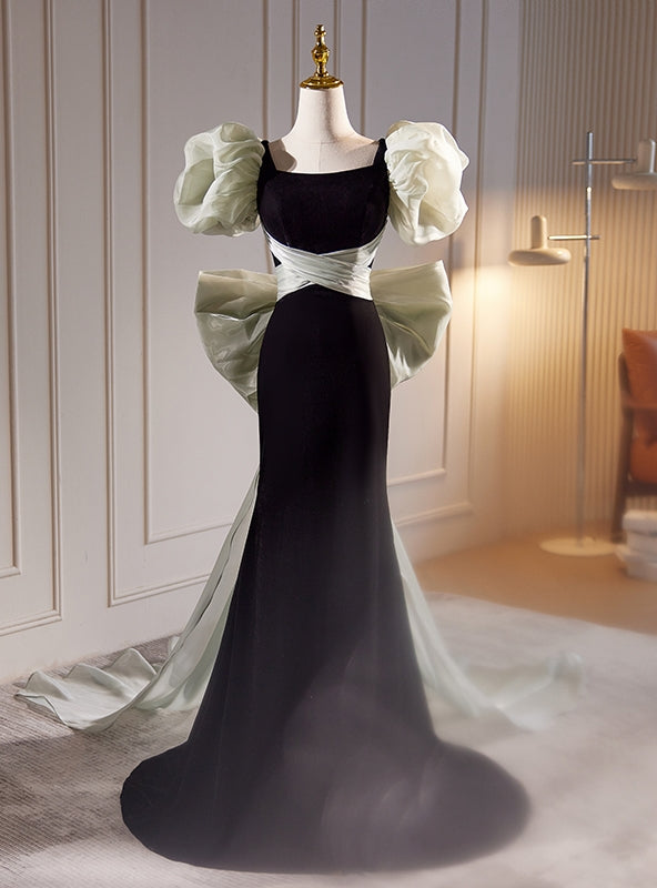 Black Velvet Square Puff Sleeve Prom Dress With Bow