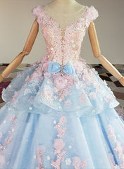 Blue and Pink Ball Gown Tulle with Flowers Sweet 16 Dress Outfits For Girls, Blue Formal Dress