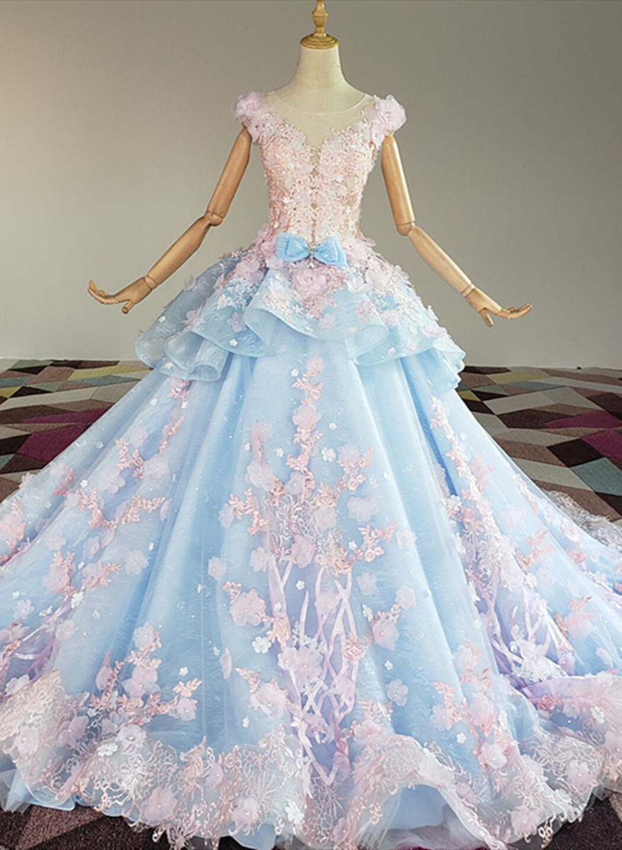 Blue and Pink Ball Gown Tulle with Flowers Sweet 16 Dress Outfits For Girls, Blue Formal Dress