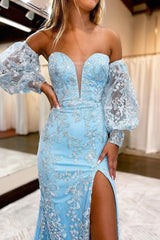 Blue Detachable Sleeves Sweetheart Lace Long Prom Dress with Slit