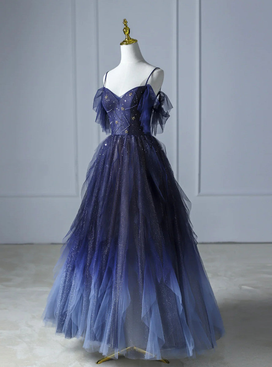 Blue Gradient Tulle Strapls Beading Prom Dress