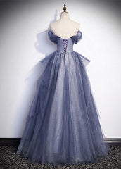 Blue-Grey Long A-line Off Shoulder Party Dress Outfits For Girls, New A-line Prom Dress Outfits For Women Evening Dress