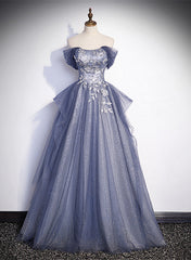 Blue-Grey Long A-line Off Shoulder Party Dress Outfits For Girls, New A-line Prom Dress Outfits For Women Evening Dress