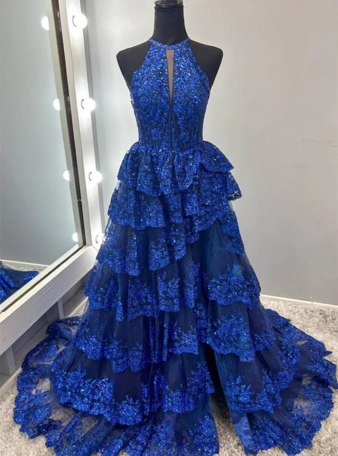 Blue Lace Halter Tiers Prom Dress