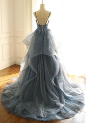 Blue Lace Top with Layers Tulle Prom Dress Outfits For Girls, New Straps Evening Gown