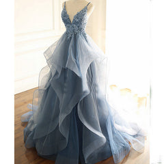 Blue Lace Top with Layers Tulle Prom Dress Outfits For Girls, New Straps Evening Gown