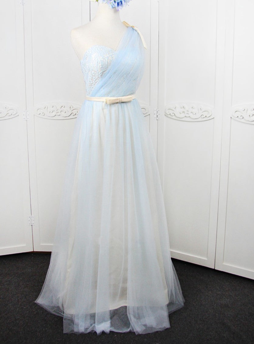 Blue One Shoulder Tulle With Bow Bridesmaid Dress