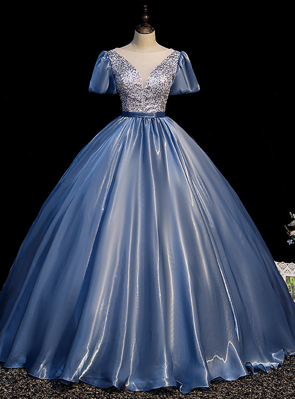 Blue Organza Sequins Puff Sleeve Quinceanera Dress