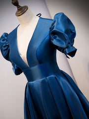 Blue Satin Long Prom Dress Outfits For Women with Short Sleeves, Blue Evening Formal Dress