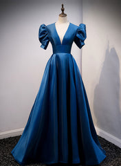 Blue Satin Long Prom Dress Outfits For Women with Short Sleeves, Blue Evening Formal Dress