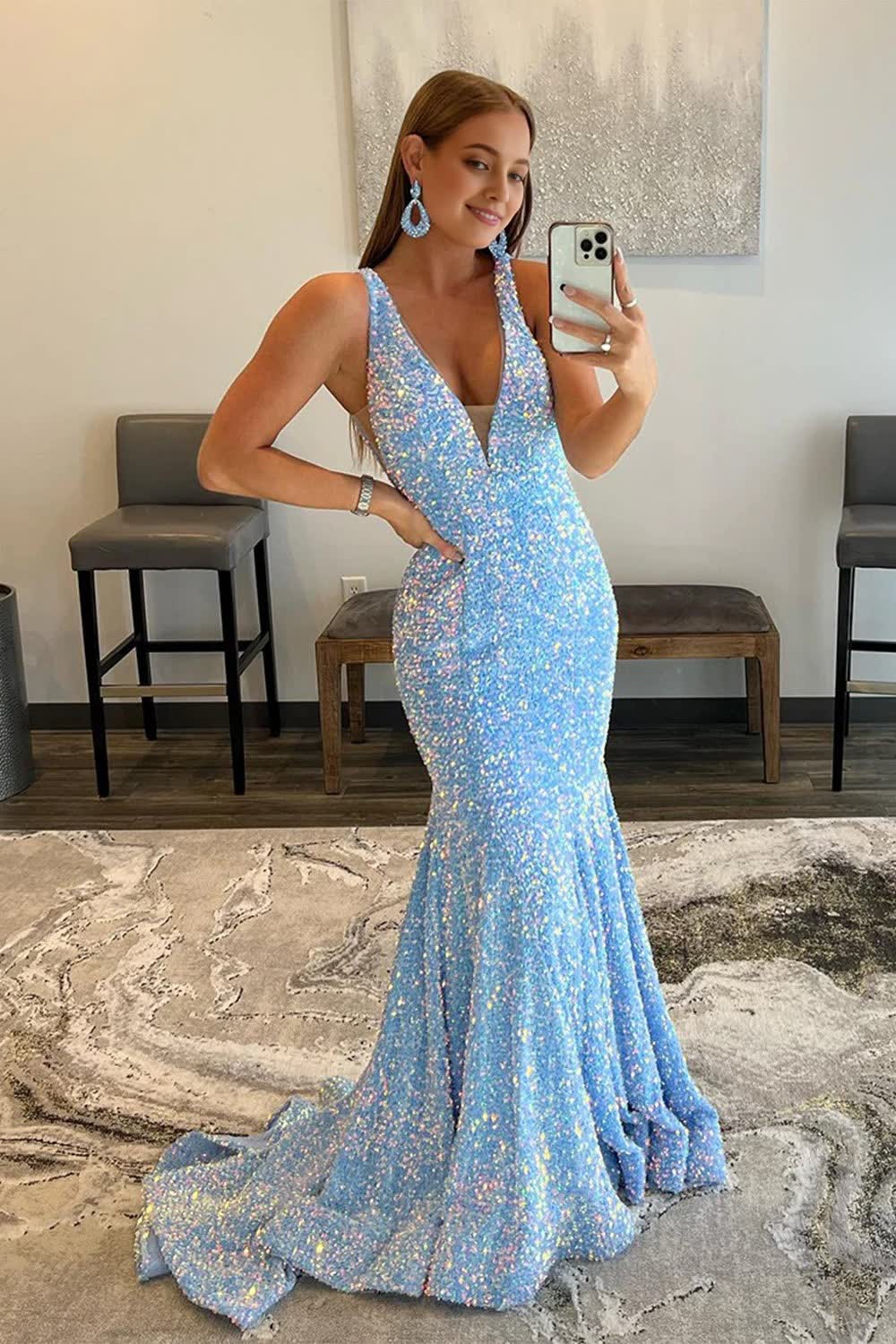 Blue Sequins Mermaid Prom Dress