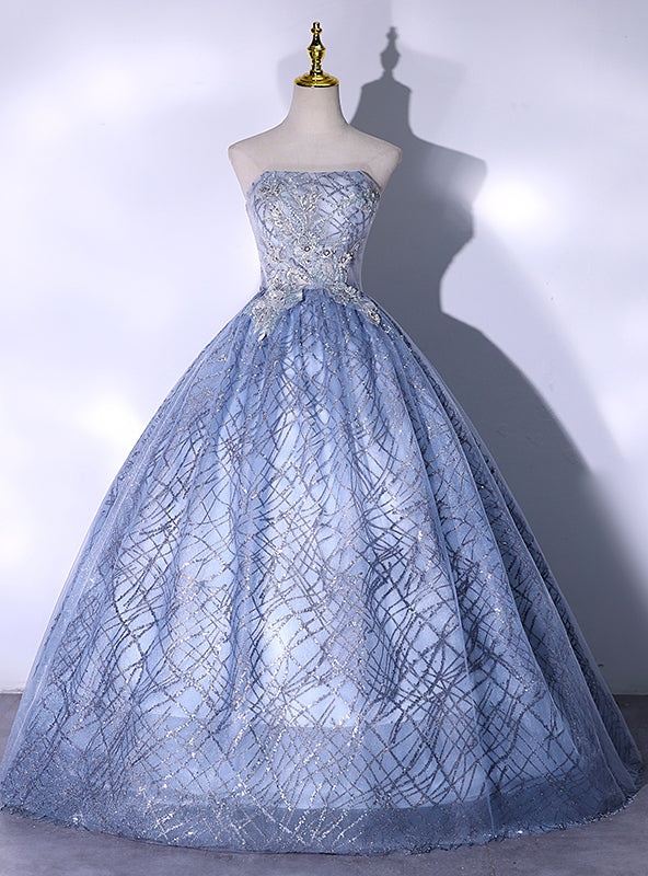 Blue Sequins Strapless Appliques Quinceanera Dress