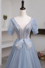 Blue Short Sleeve Tulle Floor Length Prom Dress with Beaded