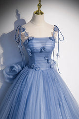 Blue Spaghetti Strap Tulle with Flowers Long Formal Dress Outfits For Girls, Blue Party Dress Outfits For Women with Bow