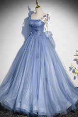 Blue Spaghetti Strap Tulle with Flowers Long Formal Dress Outfits For Girls, Blue Party Dress Outfits For Women with Bow