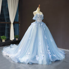 Blue Sweetheart Off Shoulder with Lace Applique Party Dress Outfits For Girls, Blue Sweet 16 Dress