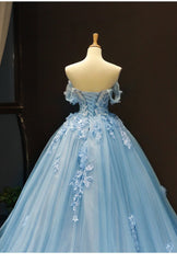 Blue Sweetheart Off Shoulder with Lace Applique Party Dress Outfits For Girls, Blue Sweet 16 Dress