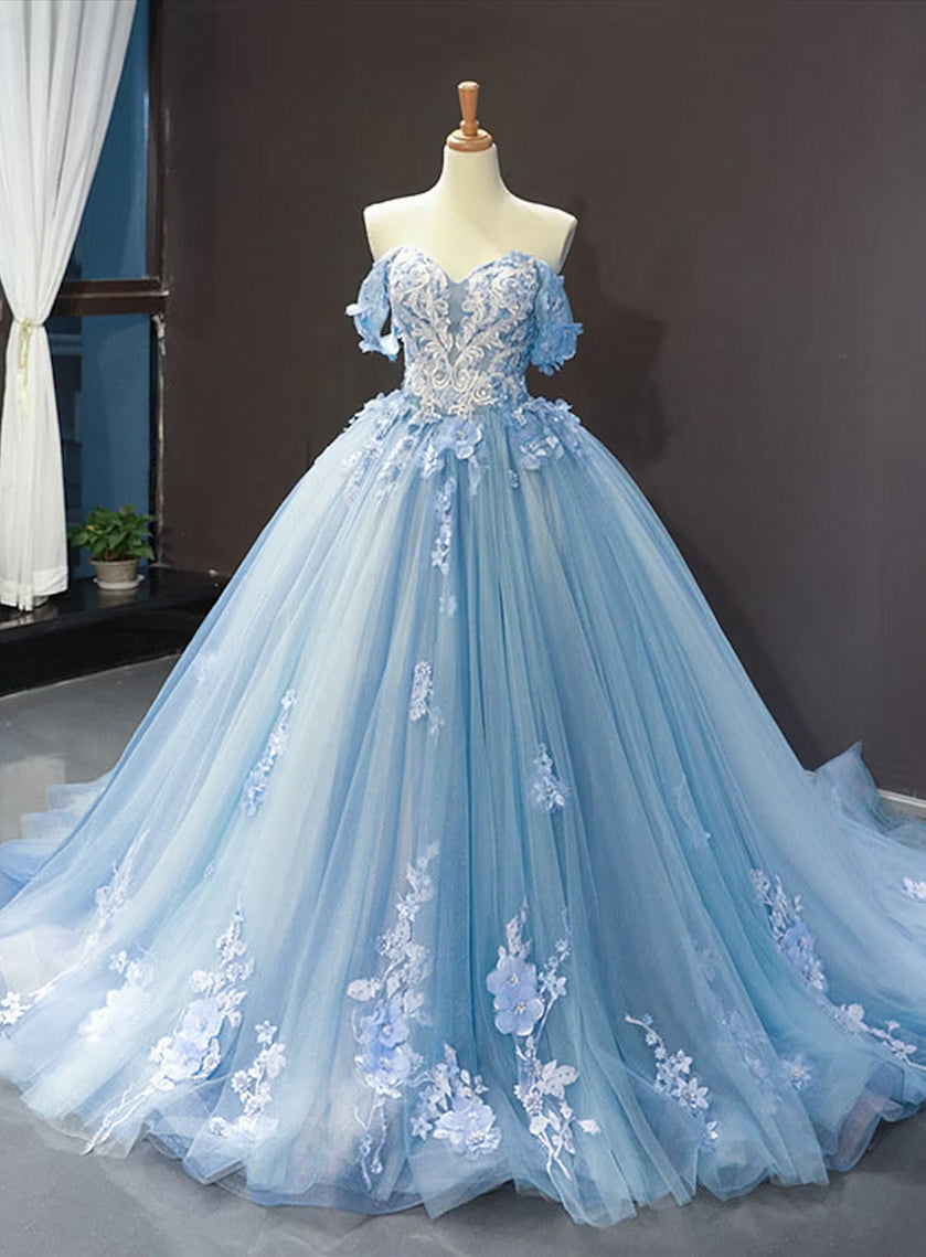 Blue Sweetheart Off Shoulder with Lace Applique Party Dress Outfits For Girls, Blue Sweet 16 Dress