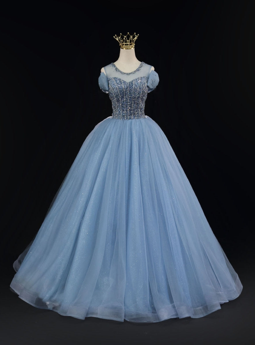 Blue Tulle Backless Beading Bow Prom Dress