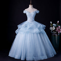 Blue Tulle Ball Gown Off Shoulder Layers Sweet 16 Dress Outfits For Girls, Blue Formal Dress Outfits For Women with Lace