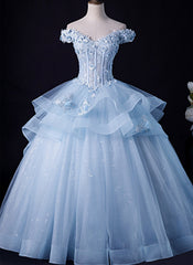 Blue Tulle Ball Gown Off Shoulder Layers Sweet 16 Dress Outfits For Girls, Blue Formal Dress Outfits For Women with Lace