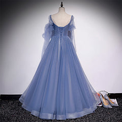 Blue Tulle Beaded Long Formal Dress Outfits For Women Party Dresses For Black girls For Women, A-line Wedding Party Dresses