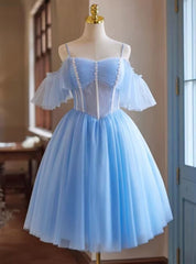 Blue Tulle Lace Spaghetti Straps Pleats Homecoming Dress