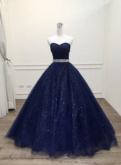 Blue Tulle Long Evening Gown Party Dress Outfits For Girls, Navy Blue Sweet 16 Gown