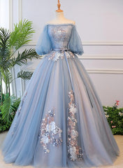 Blue Tulle Off Shoulder with Lace Floral Long Party Dress Outfits For Girls, Cute Party Dress Outfits For Women Prom Dress