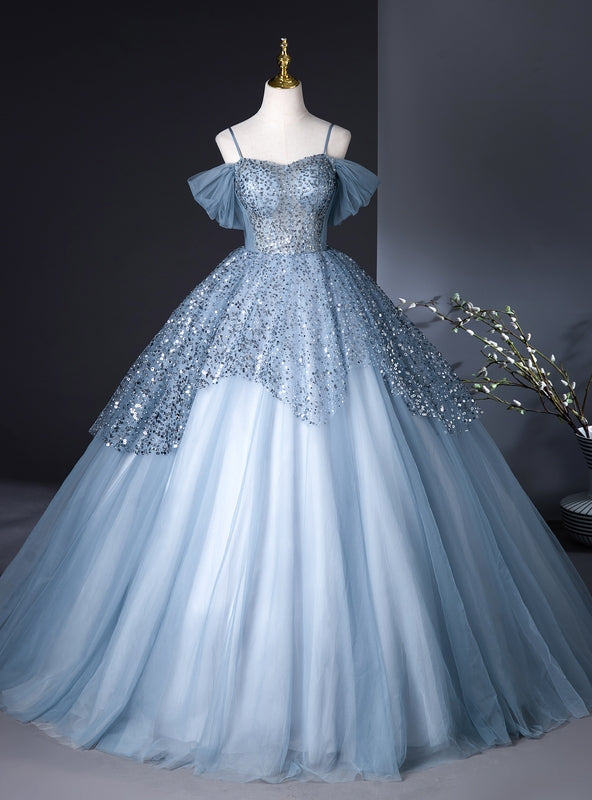 Blue Tulle Sequins Spaghetti Straps Quinceanera Dress